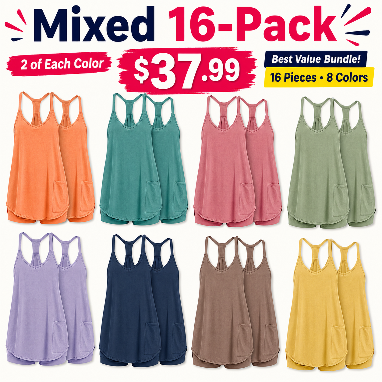 Mixed 16-Pack of women’s racerback lounge rompers with two of each color
