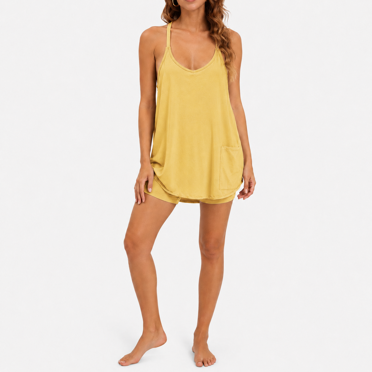 Sunwashed Yellow women’s racerback lounge romper with built-in shorts