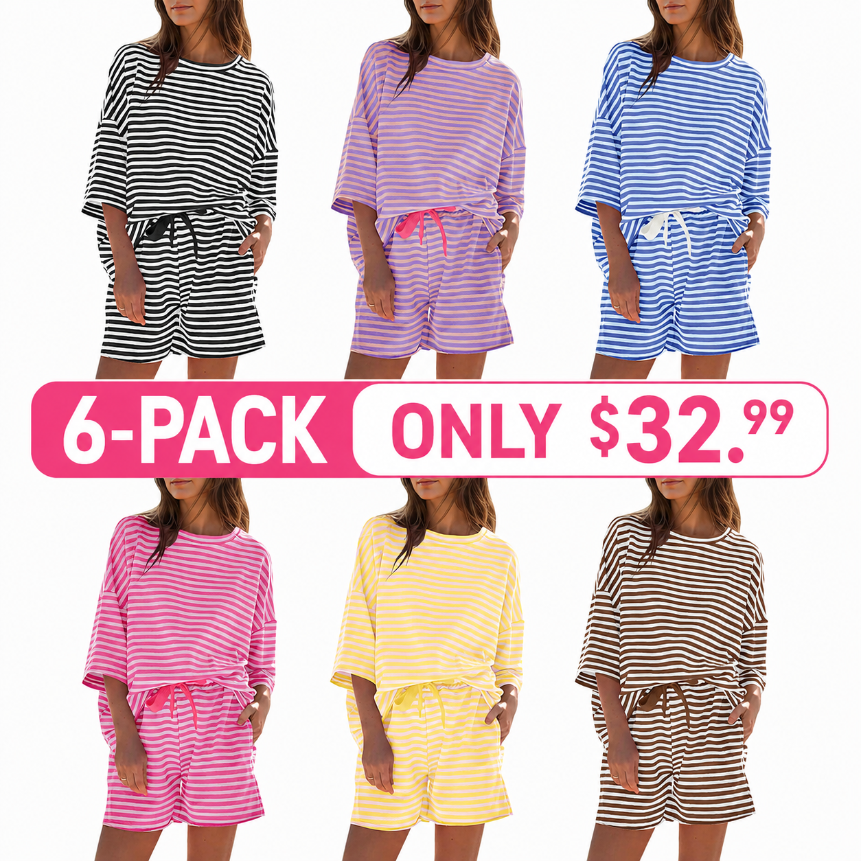 Women's Striped Short Sets 2 Piece Outfits Sweatsuits 3/4 Sleeve Pajamas Casual Lounge Sets