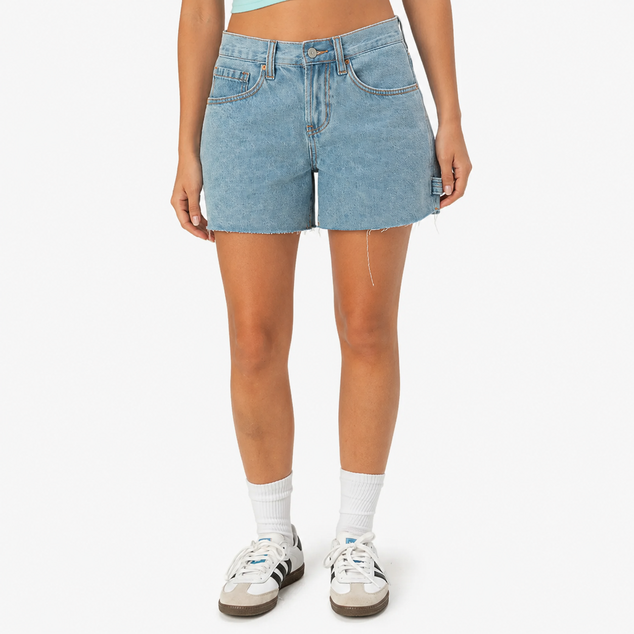 Light Wash Denim women’s low-rise carpenter denim shorts front view