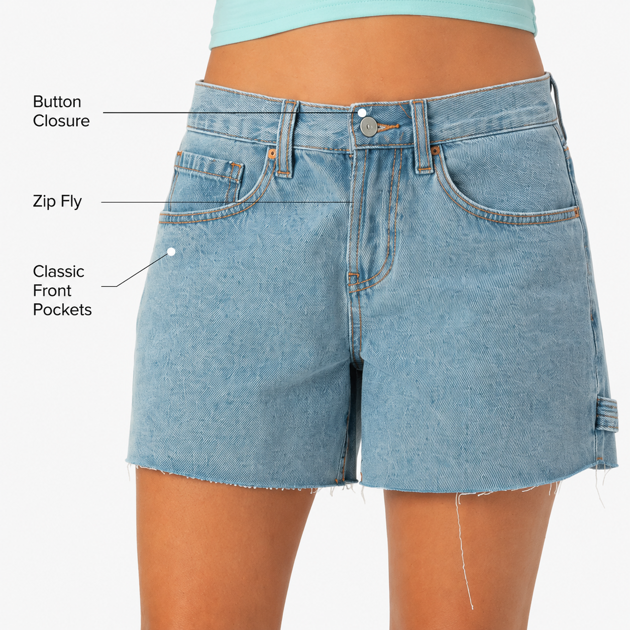 Carpenter denim shorts button closure, zip fly, and front pocket detail