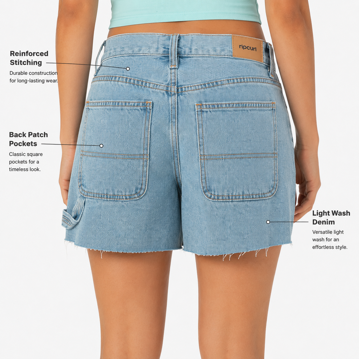 Carpenter denim shorts back patch pockets and reinforced stitching detail