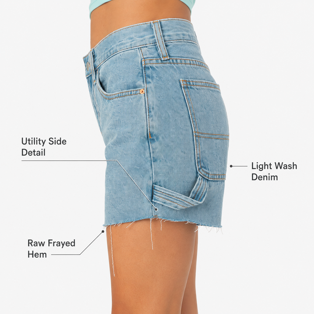 Carpenter denim shorts utility pocket, hammer loop, and raw hem detail