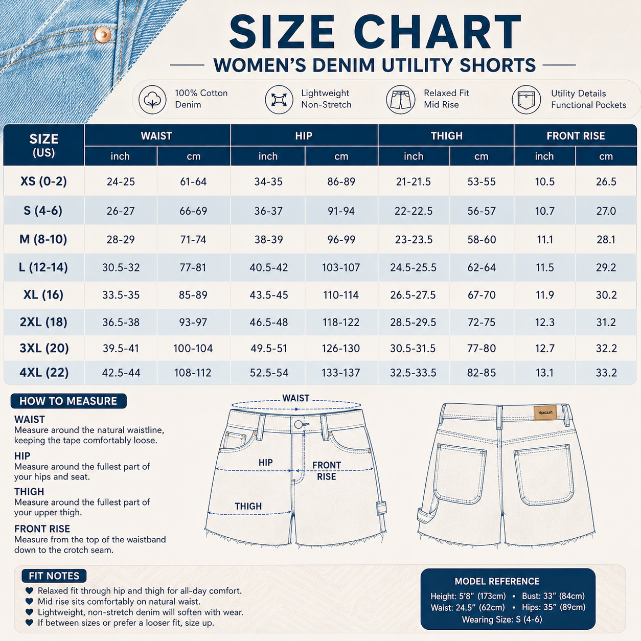 Women’s carpenter denim utility shorts size chart XS to 4XL