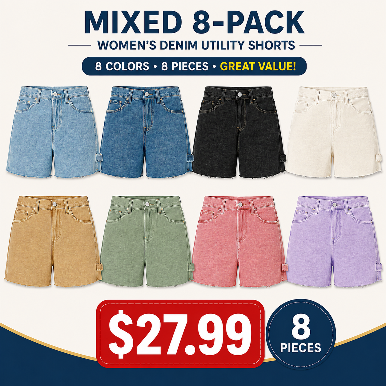 Mixed 8-Pack women’s low-rise carpenter denim utility shorts