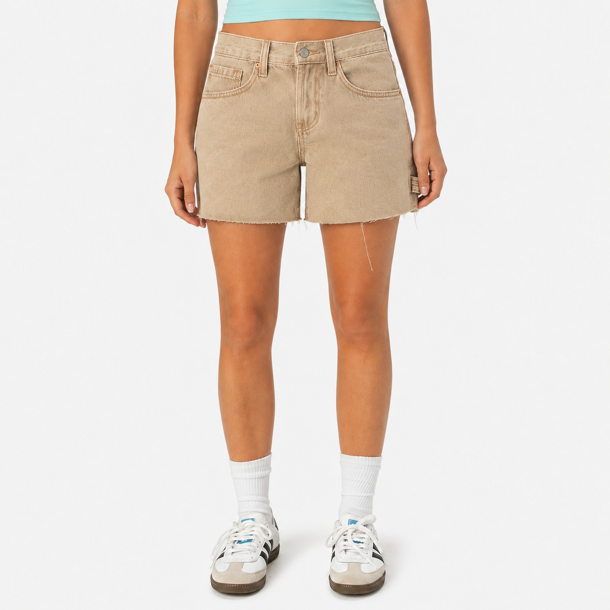 Sandstone Beige women’s low-rise carpenter denim utility shorts