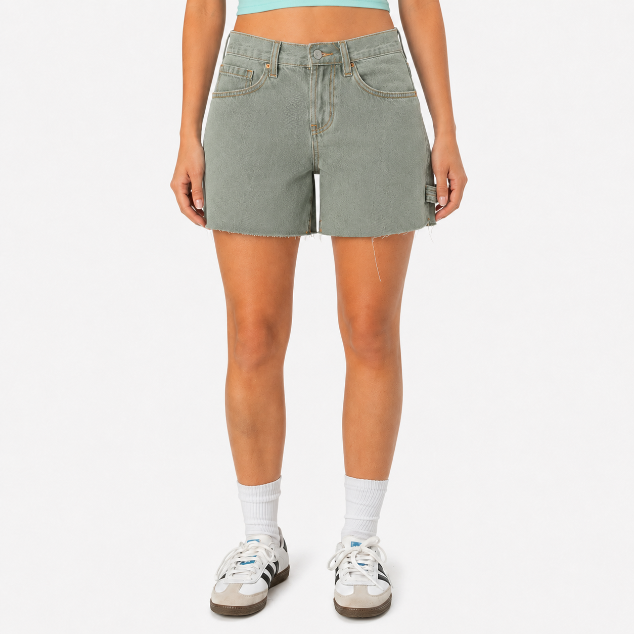 Dusty Sage women’s low-rise carpenter denim utility shorts