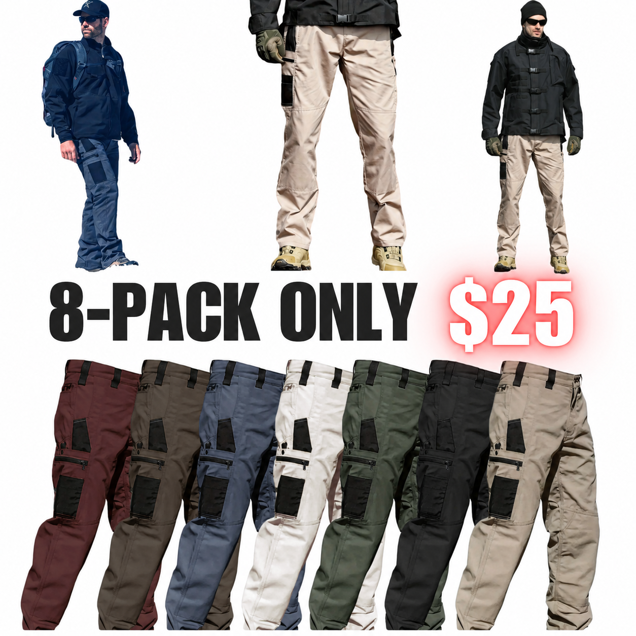 🔥8-Pack Only $25(All colors)🔥Men's 8-Pack Unisex 10-Pocket Heavy Duty zipper waterproof tactical Work Pants.