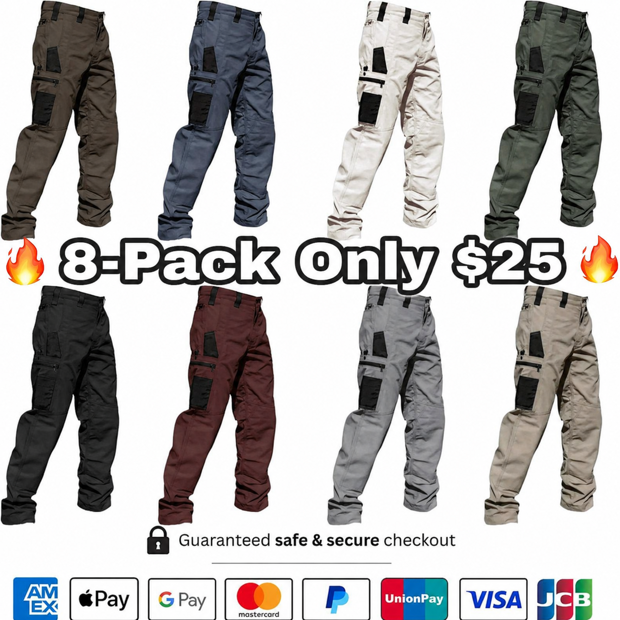 🔥8-Pack Only $25(All colors)🔥Men's 8-Pack Unisex 10-Pocket Heavy Duty zipper waterproof tactical Work Pants.