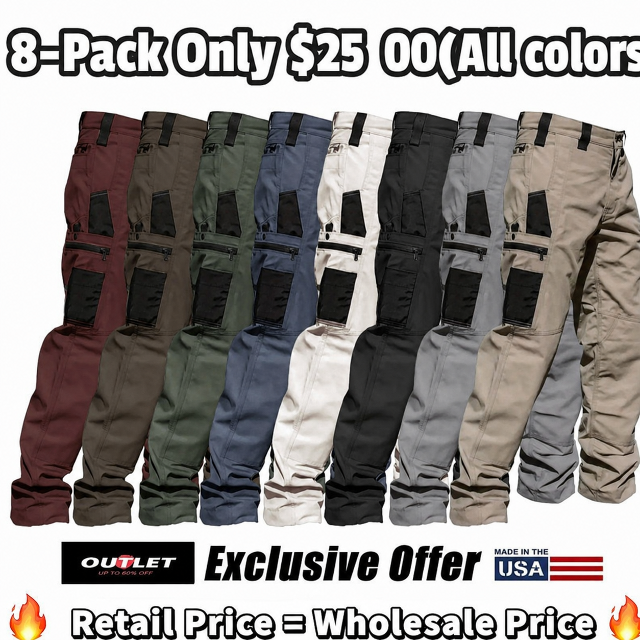 🔥8-Pack Only $25(All colors)🔥Men's 8-Pack Unisex 10-Pocket Heavy Duty zipper waterproof tactical Work Pants.