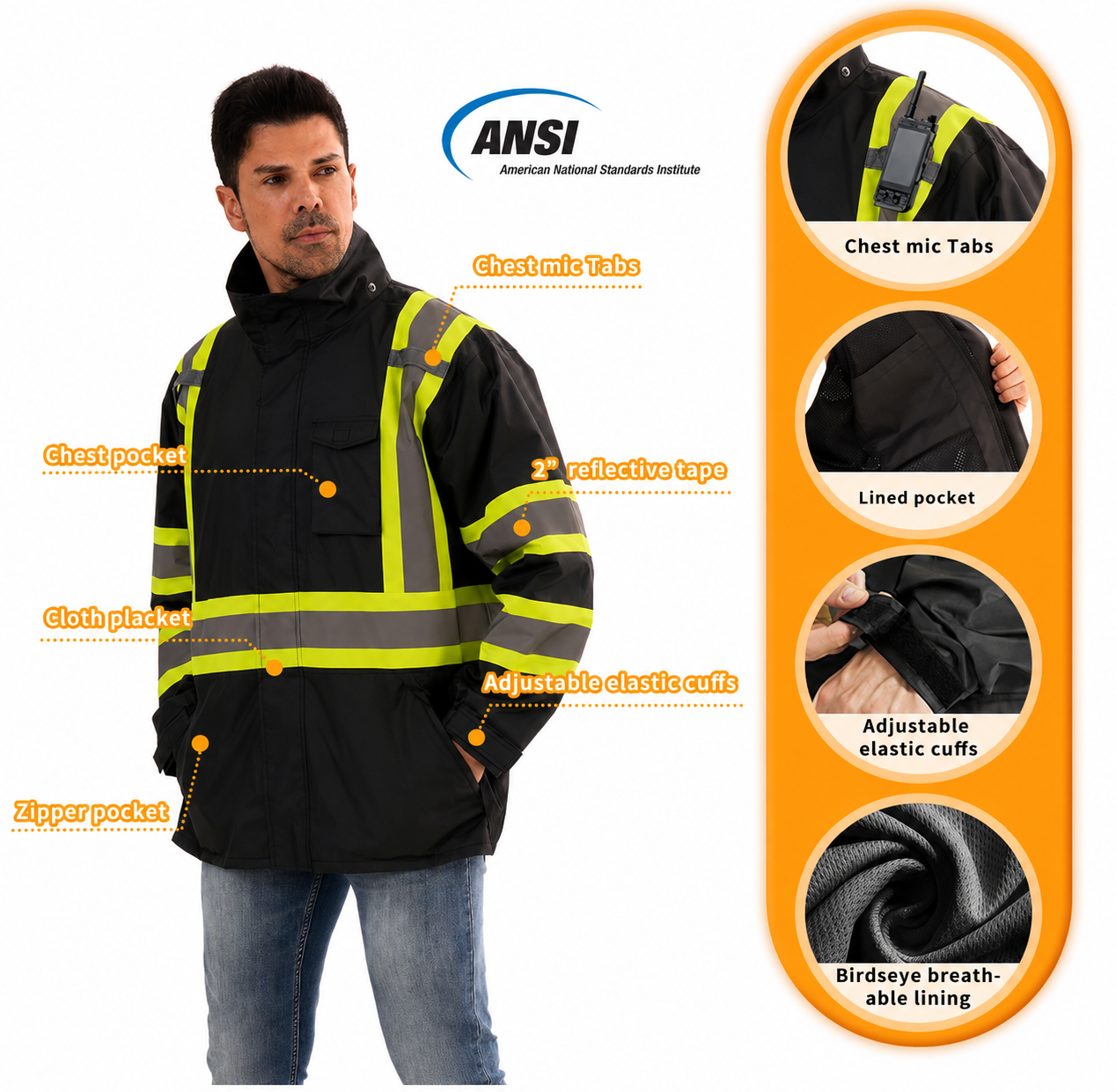 Reflective Rain jackets for men waterproof,Hi Vis Safety Coat With Reflective Strips，High Visibility Rain jackets With 2 large pockets，Zipper,Black ，SM/MD