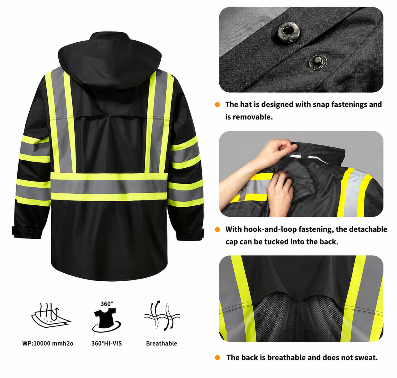 Reflective Rain jackets for men waterproof,Hi Vis Safety Coat With Reflective Strips，High Visibility Rain jackets With 2 large pockets，Zipper,Black ，SM/MD