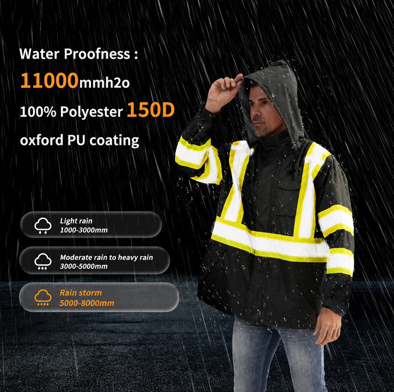 Reflective Rain jackets for men waterproof,Hi Vis Safety Coat With Reflective Strips，High Visibility Rain jackets With 2 large pockets，Zipper,Black ，SM/MD
