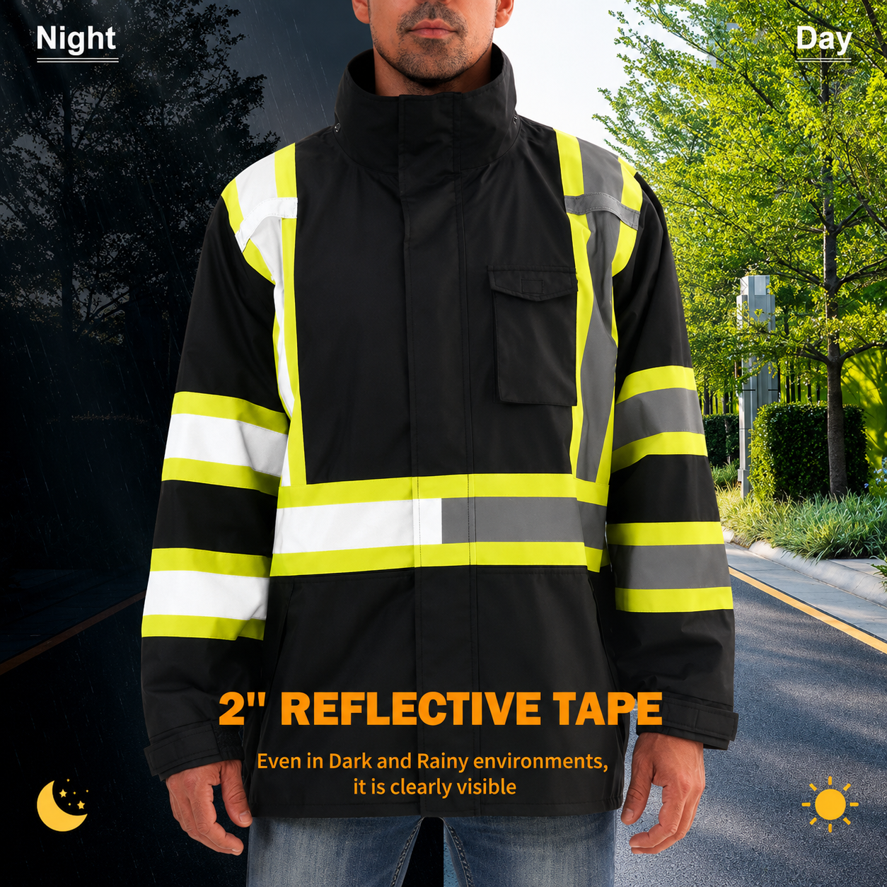 Reflective Rain jackets for men waterproof,Hi Vis Safety Coat With Reflective Strips，High Visibility Rain jackets With 2 large pockets，Zipper,Black ，SM/MD