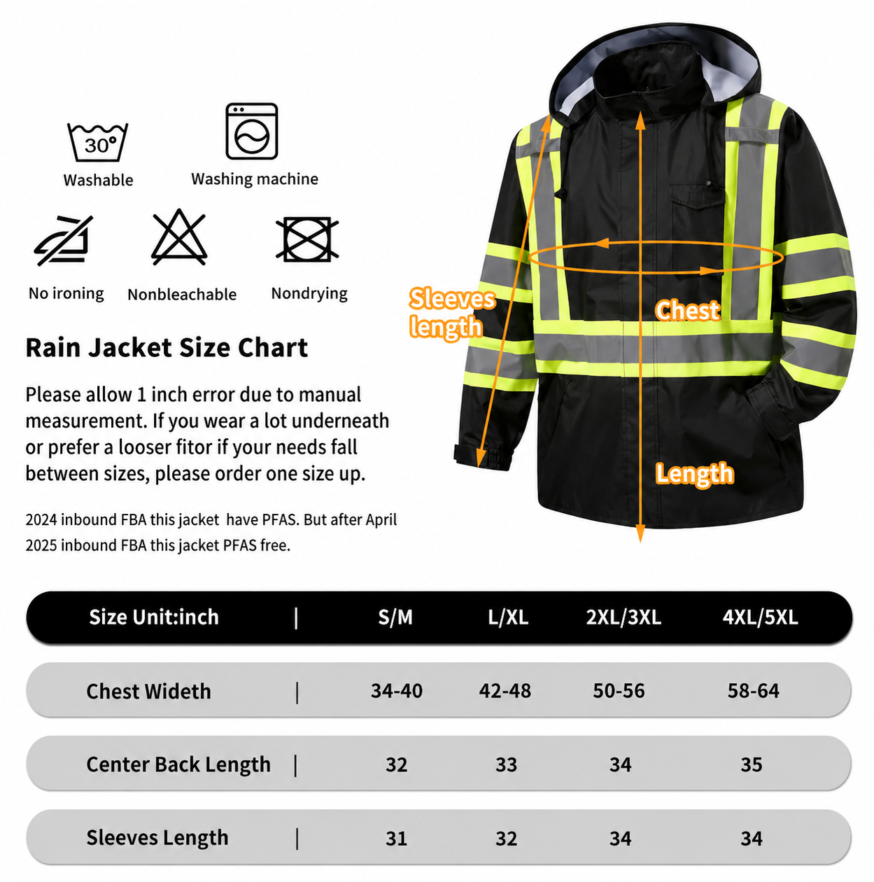 Reflective Rain jackets for men waterproof,Hi Vis Safety Coat With Reflective Strips，High Visibility Rain jackets With 2 large pockets，Zipper,Black ，SM/MD