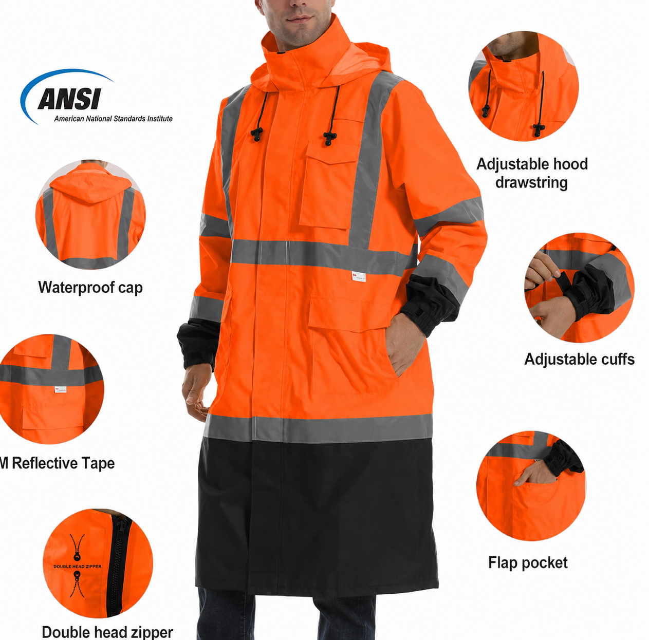 Reflective Rain jackets for men waterproof,Hi Vis Safety Coat With Reflective Strips，High Visibility Rain jackets With 2 large pockets，Zipper,Black ，SM/MD
