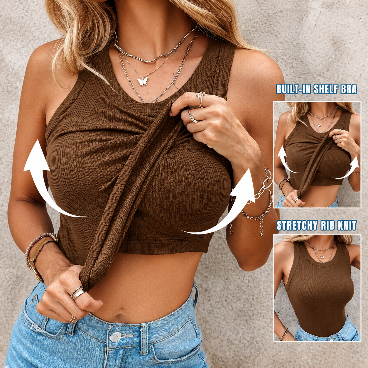 This Week's SpecialPriceRound NeckBuilt-in Bra RibbedTank Top Fit CasualComfortable