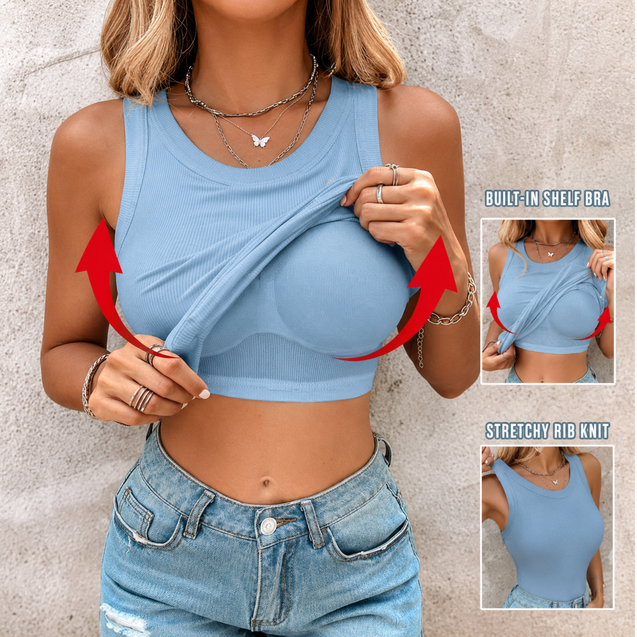 This Week's SpecialPriceRound NeckBuilt-in Bra RibbedTank Top Fit CasualComfortable