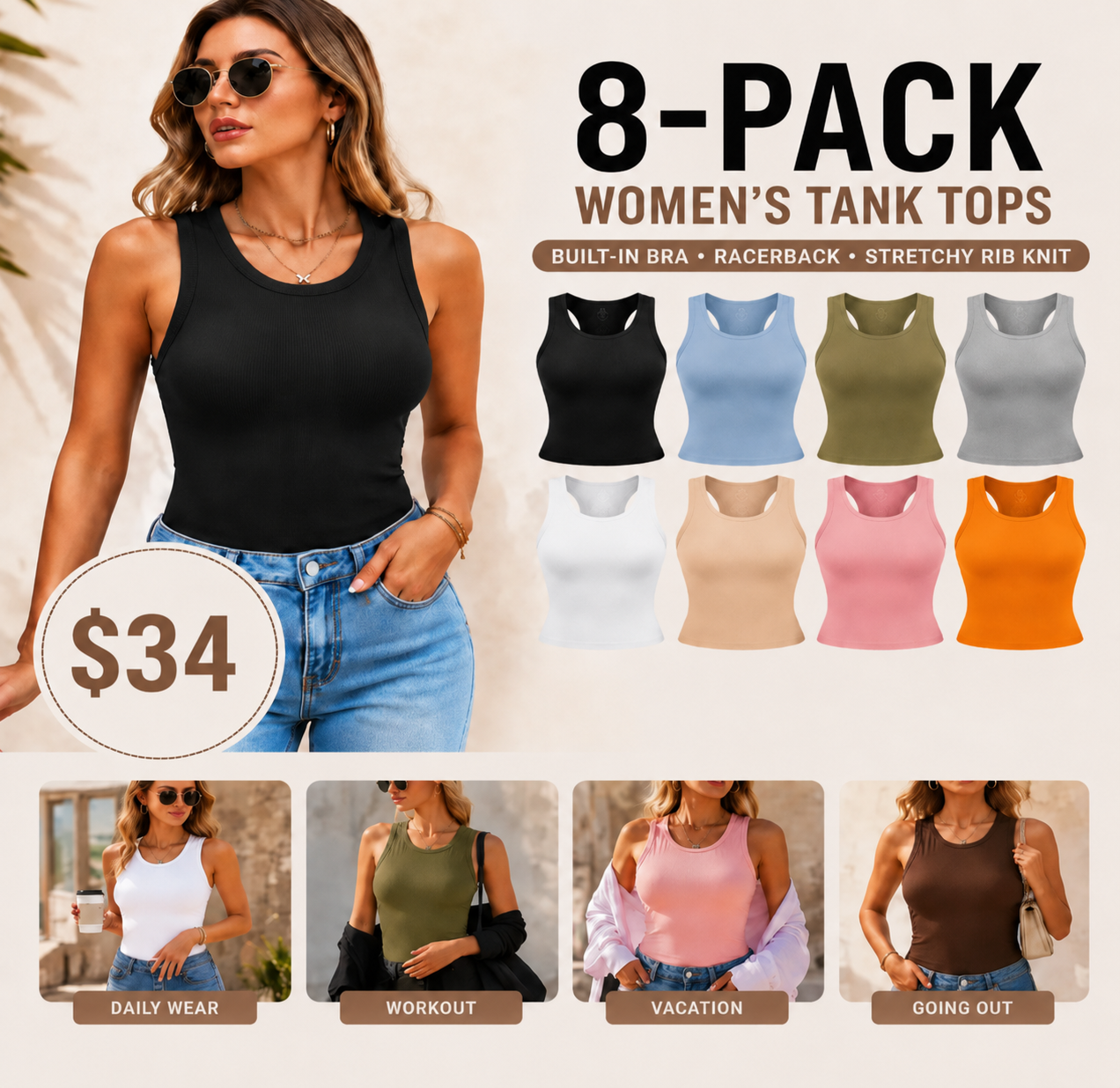 This Week's SpecialPriceRound NeckBuilt-in Bra RibbedTank Top Fit CasualComfortable