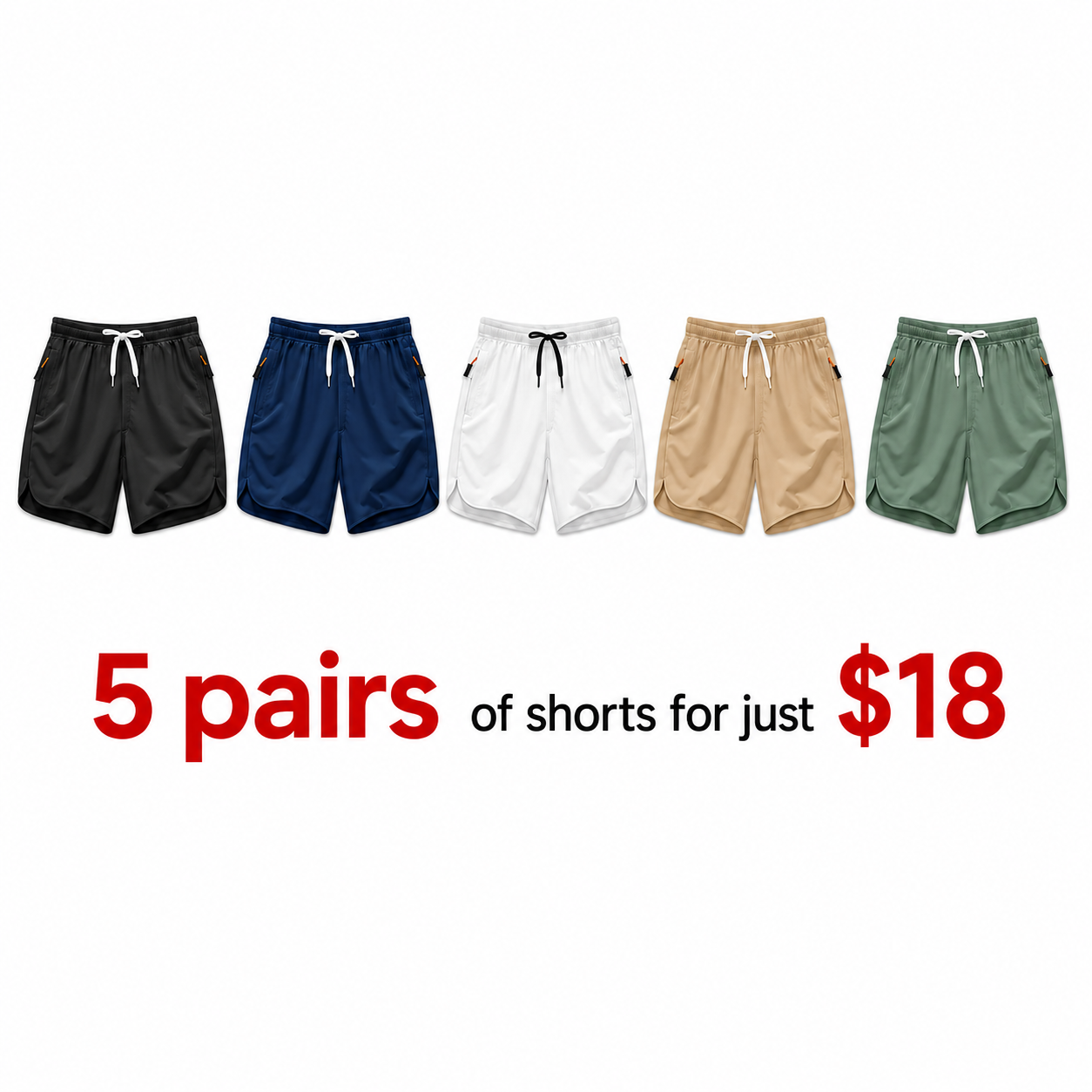 5-pack Men's Drawstring Zipper Pocket Shorts $19.99