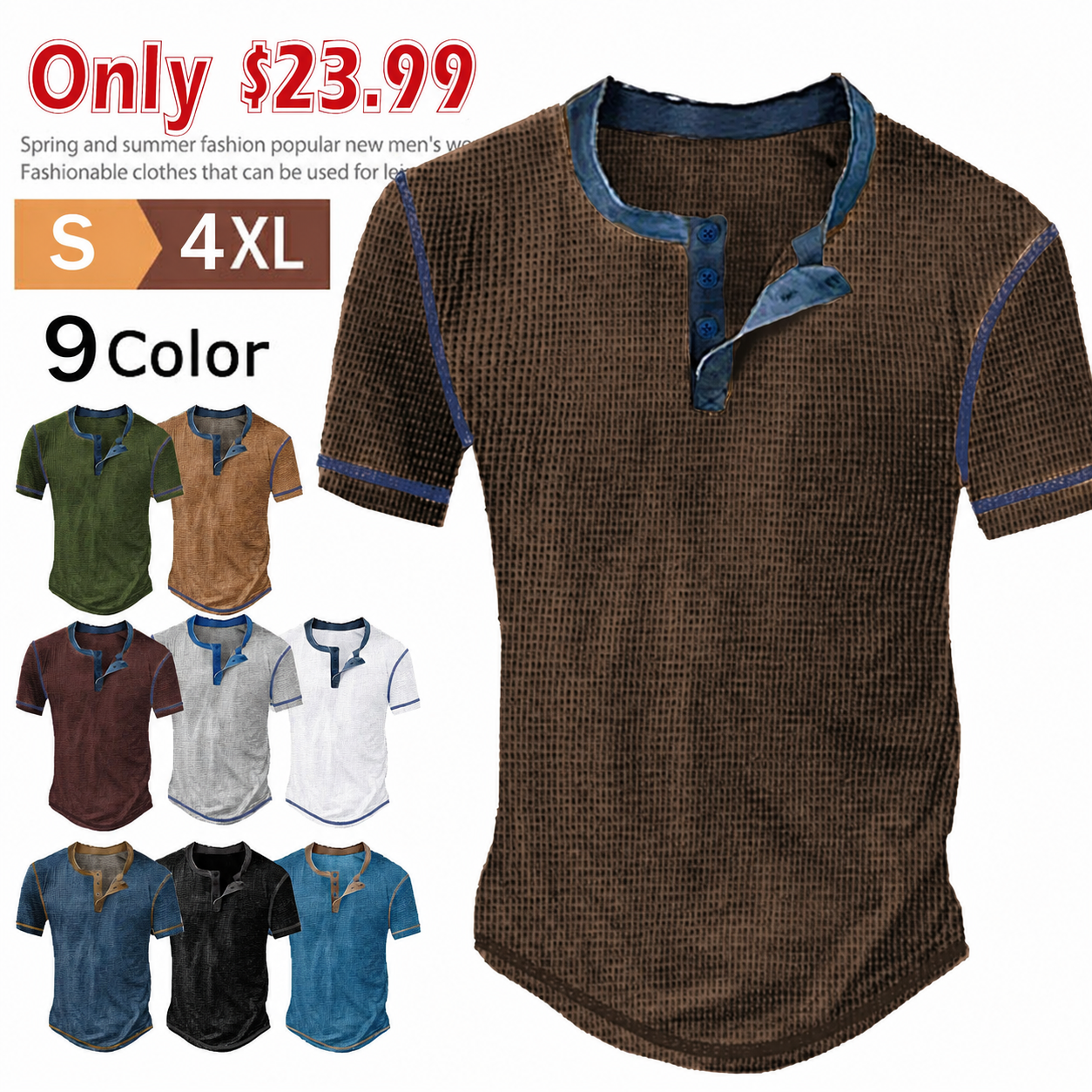 Men's Waffle Henley Shirt Tee Short Sleeve