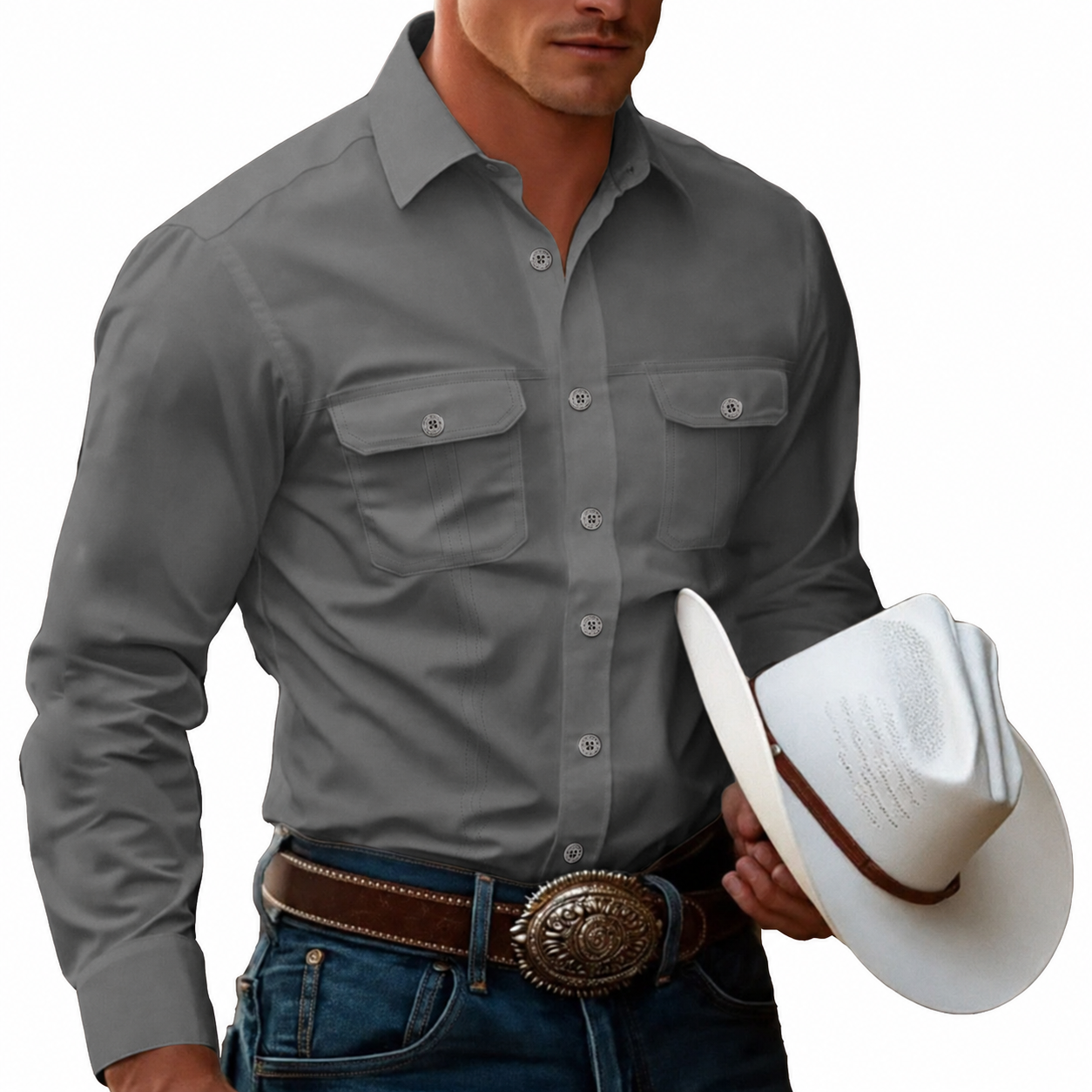 Men's Cow Work Shirt Western Shirt Cargo Shirt Long Sleeve Casual