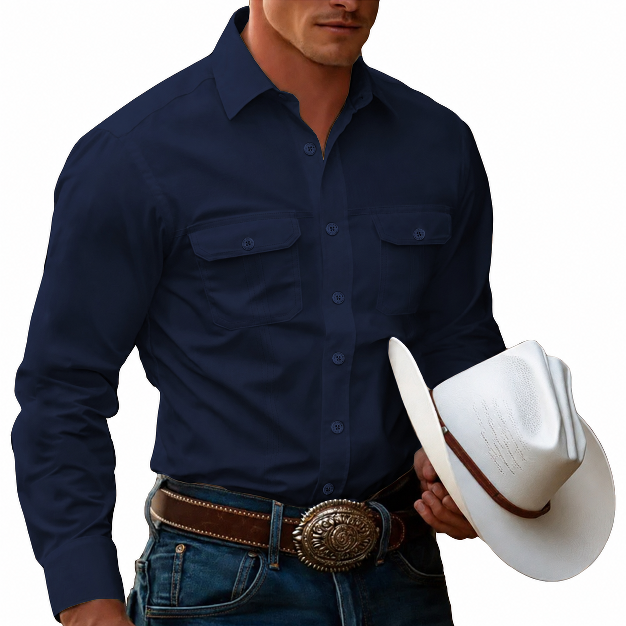 Men's Cow Work Shirt Western Shirt Cargo Shirt Long Sleeve Casual