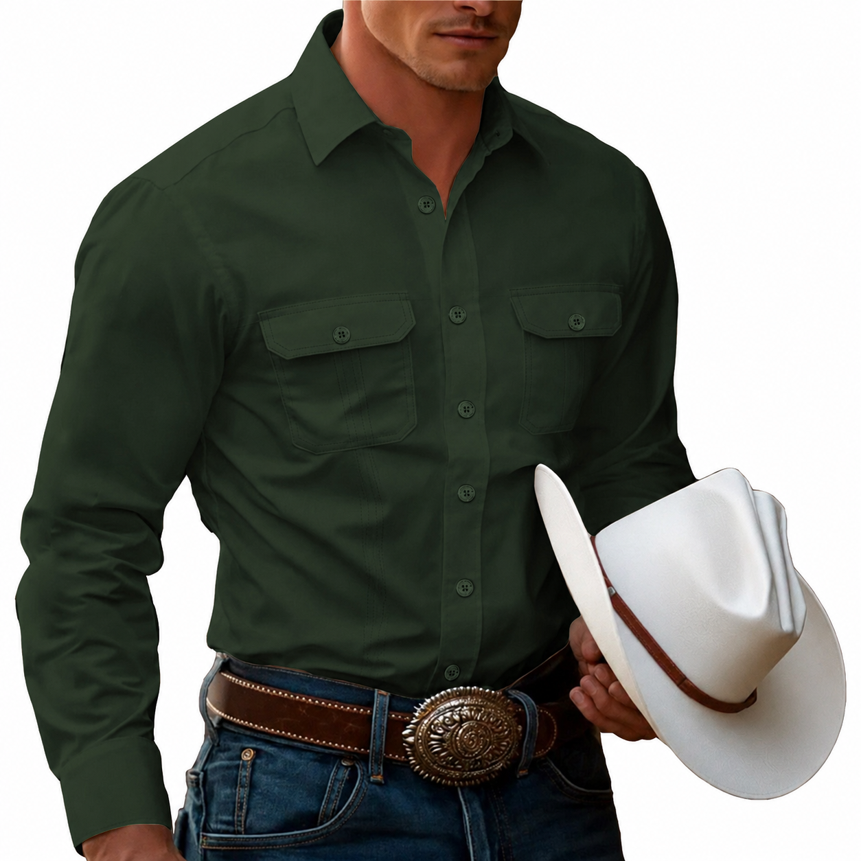 Men's Cow Work Shirt Western Shirt Cargo Shirt Long Sleeve Casual