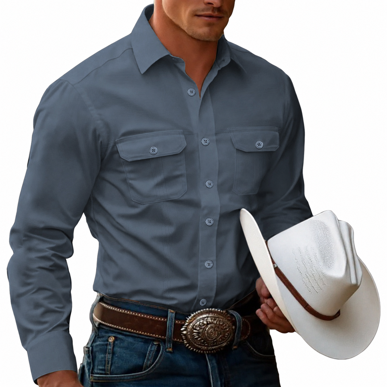 Men's Cow Work Shirt Western Shirt Cargo Shirt Long Sleeve Casual