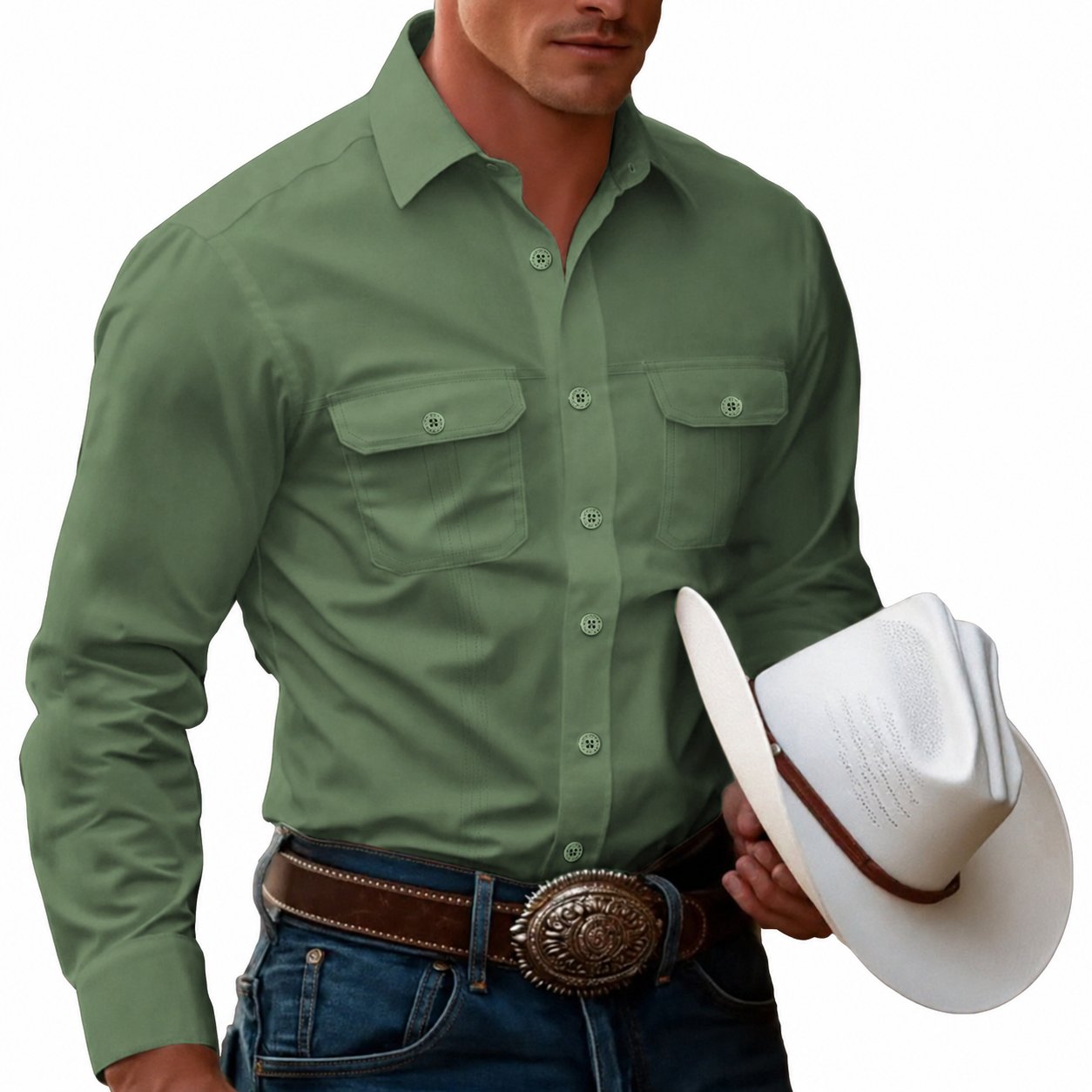 Men's Cow Work Shirt Western Shirt Cargo Shirt Long Sleeve Casual