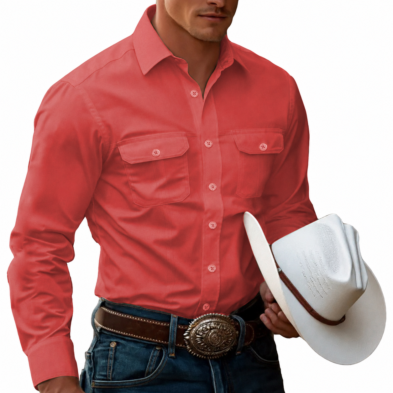 Men's Cow Work Shirt Western Shirt Cargo Shirt Long Sleeve Casual