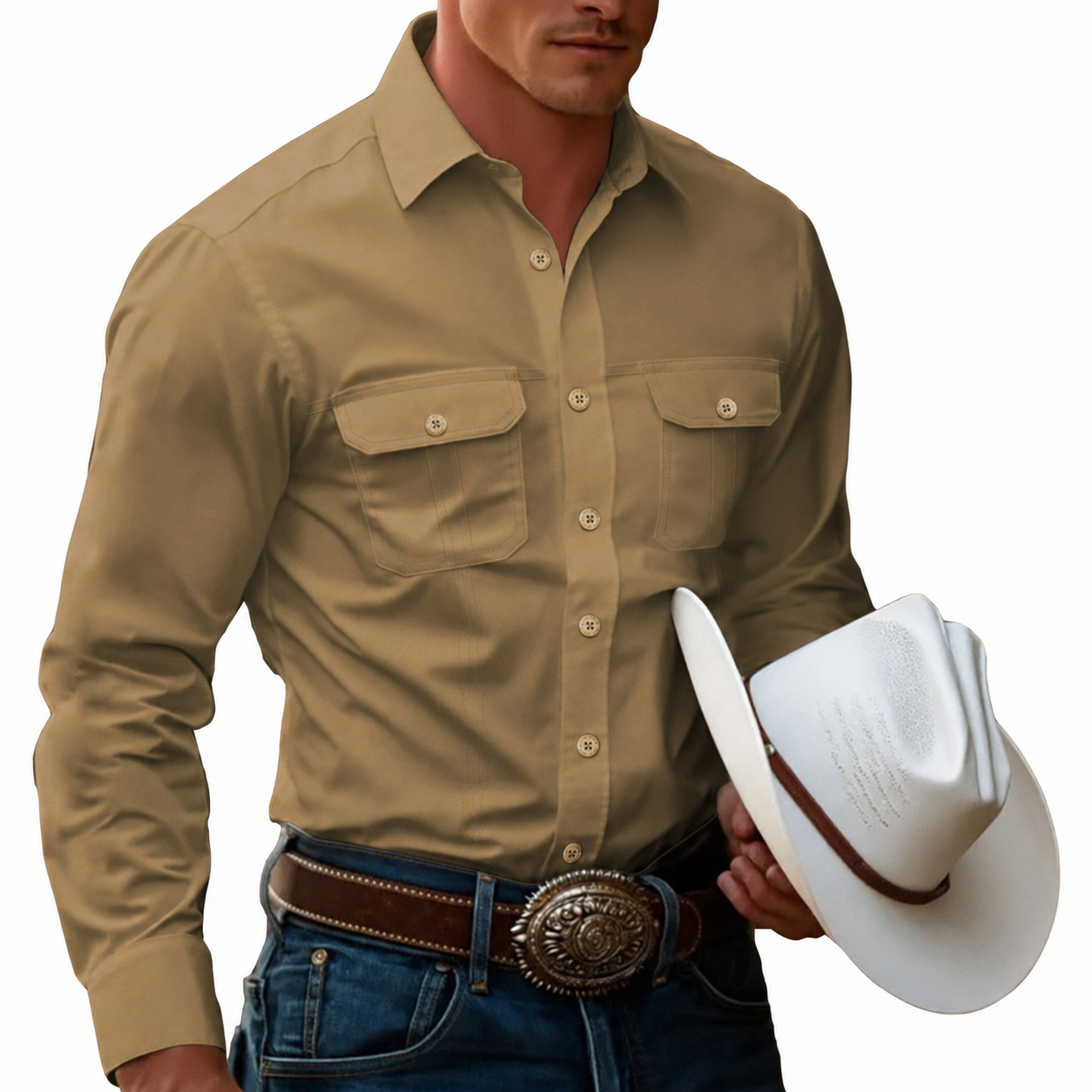 Men's Cow Work Shirt Western Shirt Cargo Shirt Long Sleeve Casual
