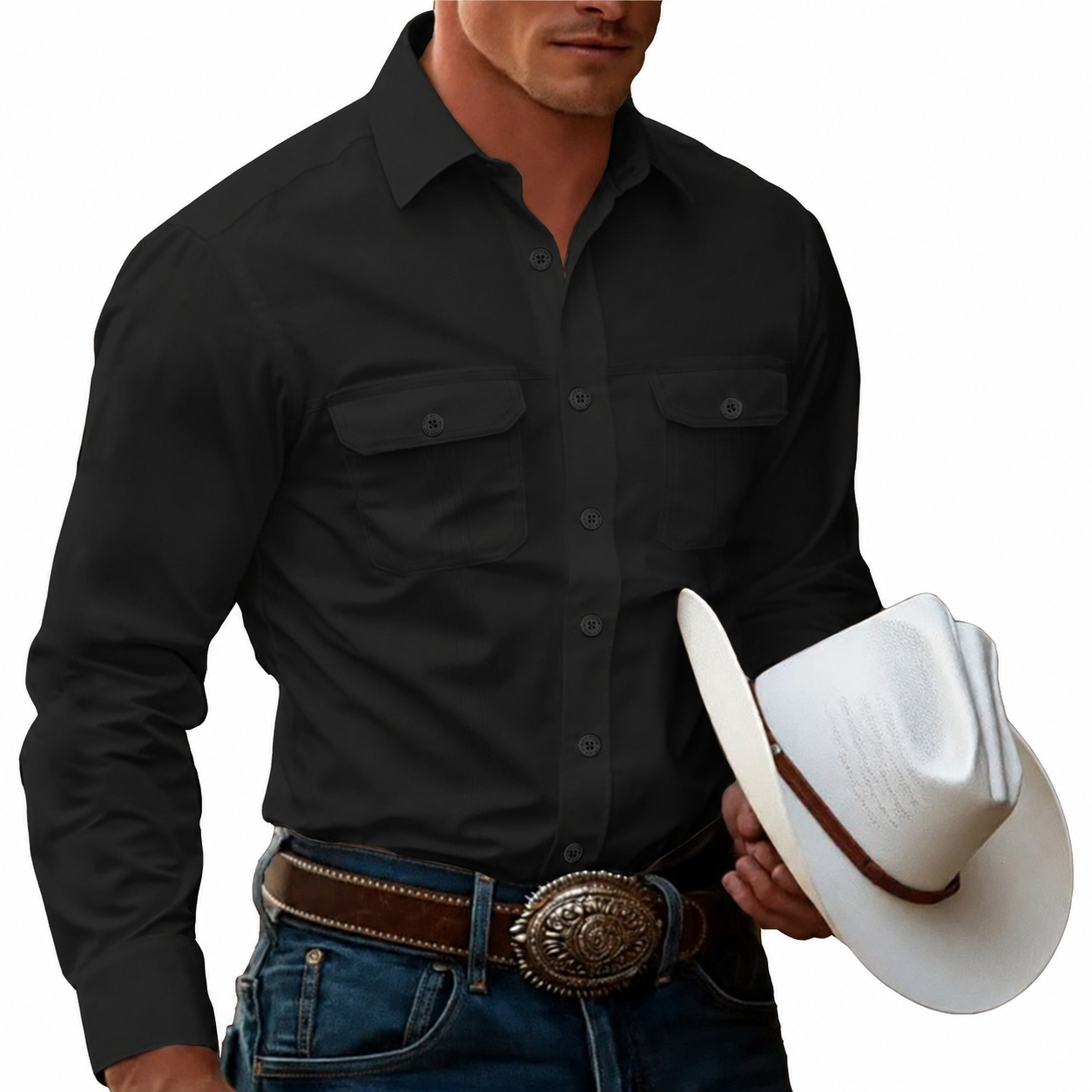 Men's Cow Work Shirt Western Shirt Cargo Shirt Long Sleeve Casual