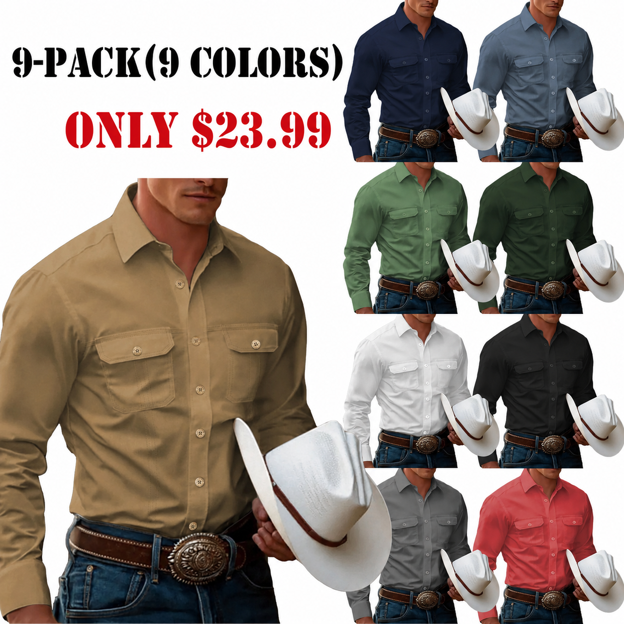 Men's Cow Work Shirt Western Shirt Cargo Shirt Long Sleeve Casual