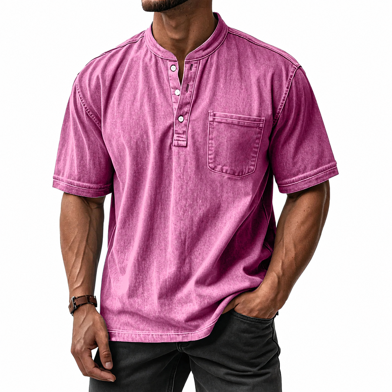 Men's Washed Cotton Short Sleeve Henley T-Shirt