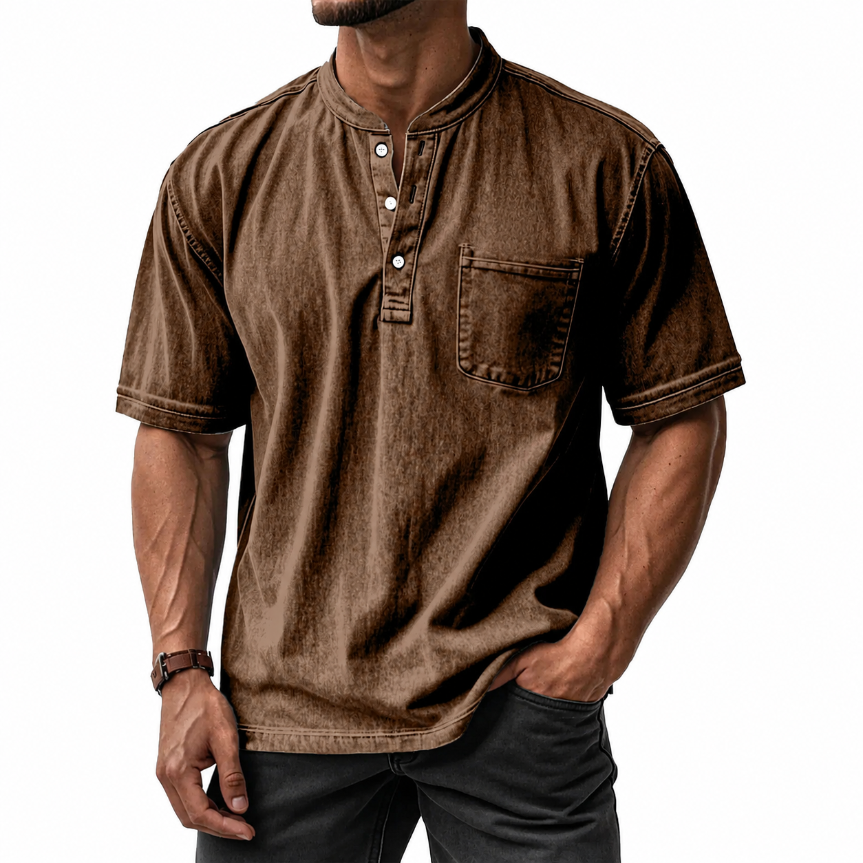 Men's Washed Cotton Short Sleeve Henley T-Shirt