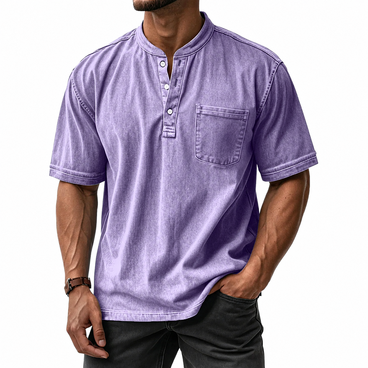 Men's Washed Cotton Short Sleeve Henley T-Shirt