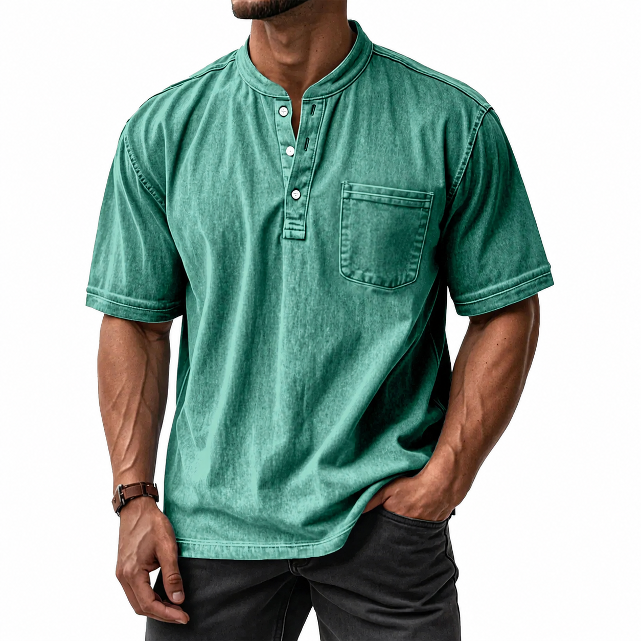 Men's Washed Cotton Short Sleeve Henley T-Shirt