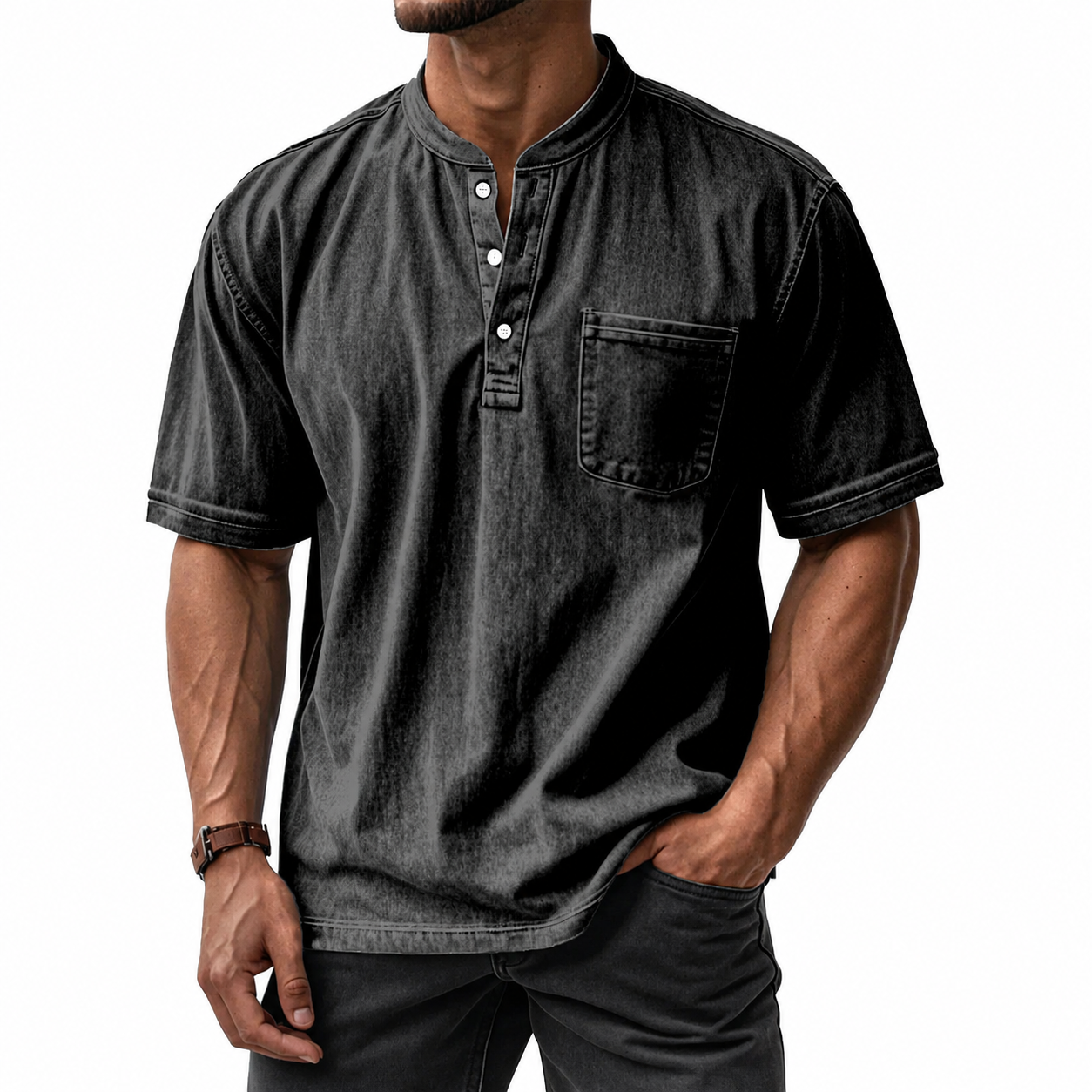 Men's Washed Cotton Short Sleeve Henley T-Shirt