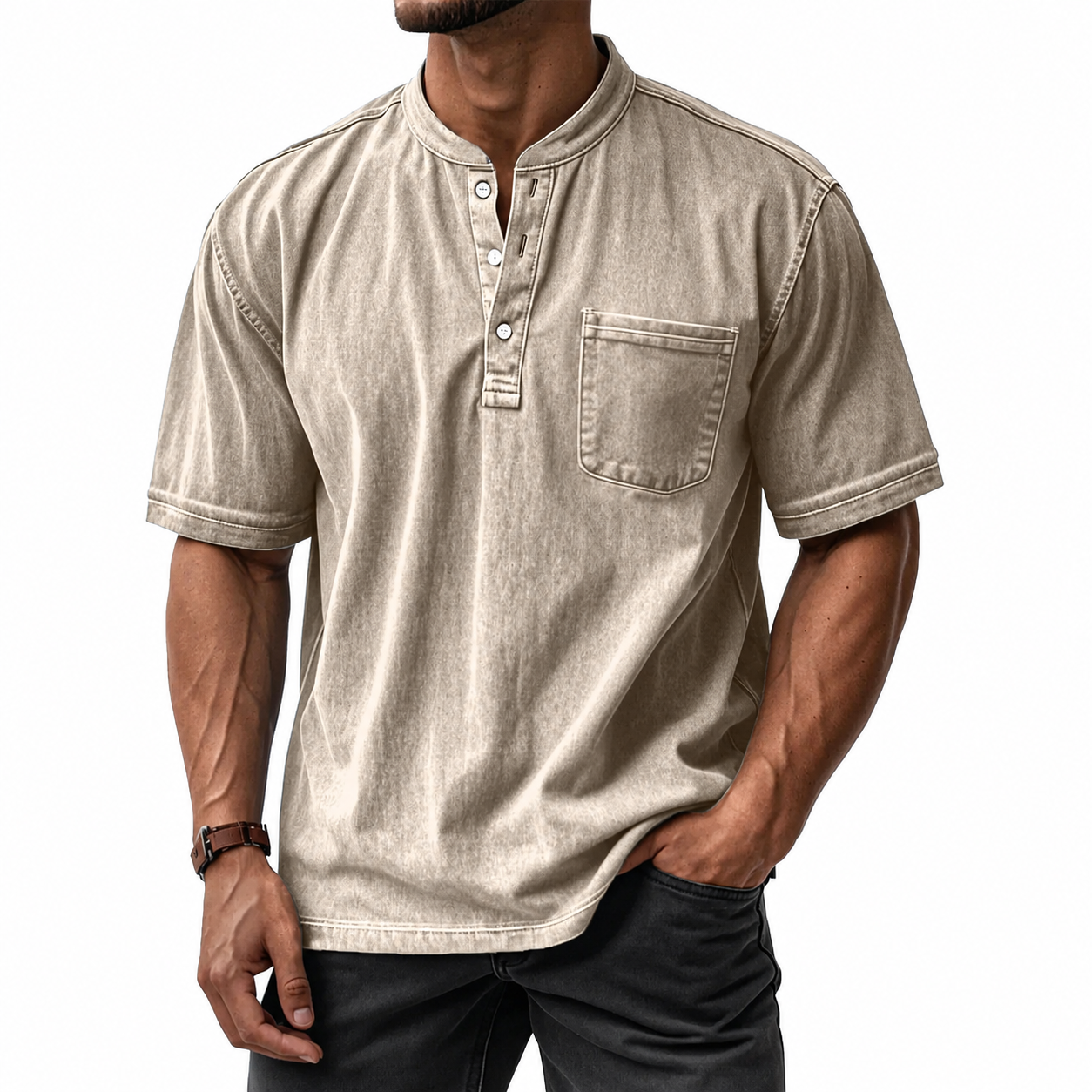Men's Washed Cotton Short Sleeve Henley T-Shirt