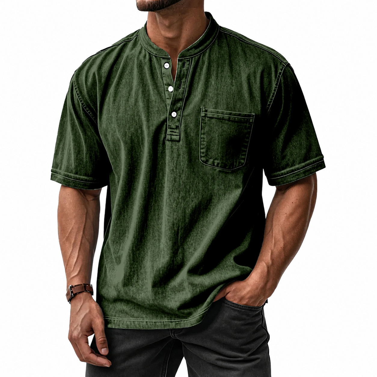 Men's Washed Cotton Short Sleeve Henley T-Shirt