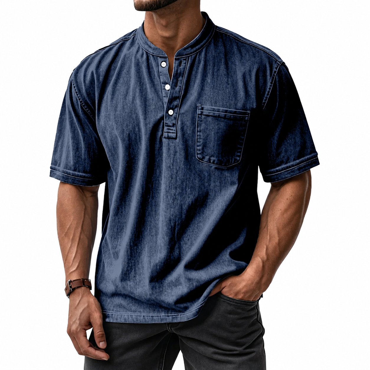 Men's Washed Cotton Short Sleeve Henley T-Shirt