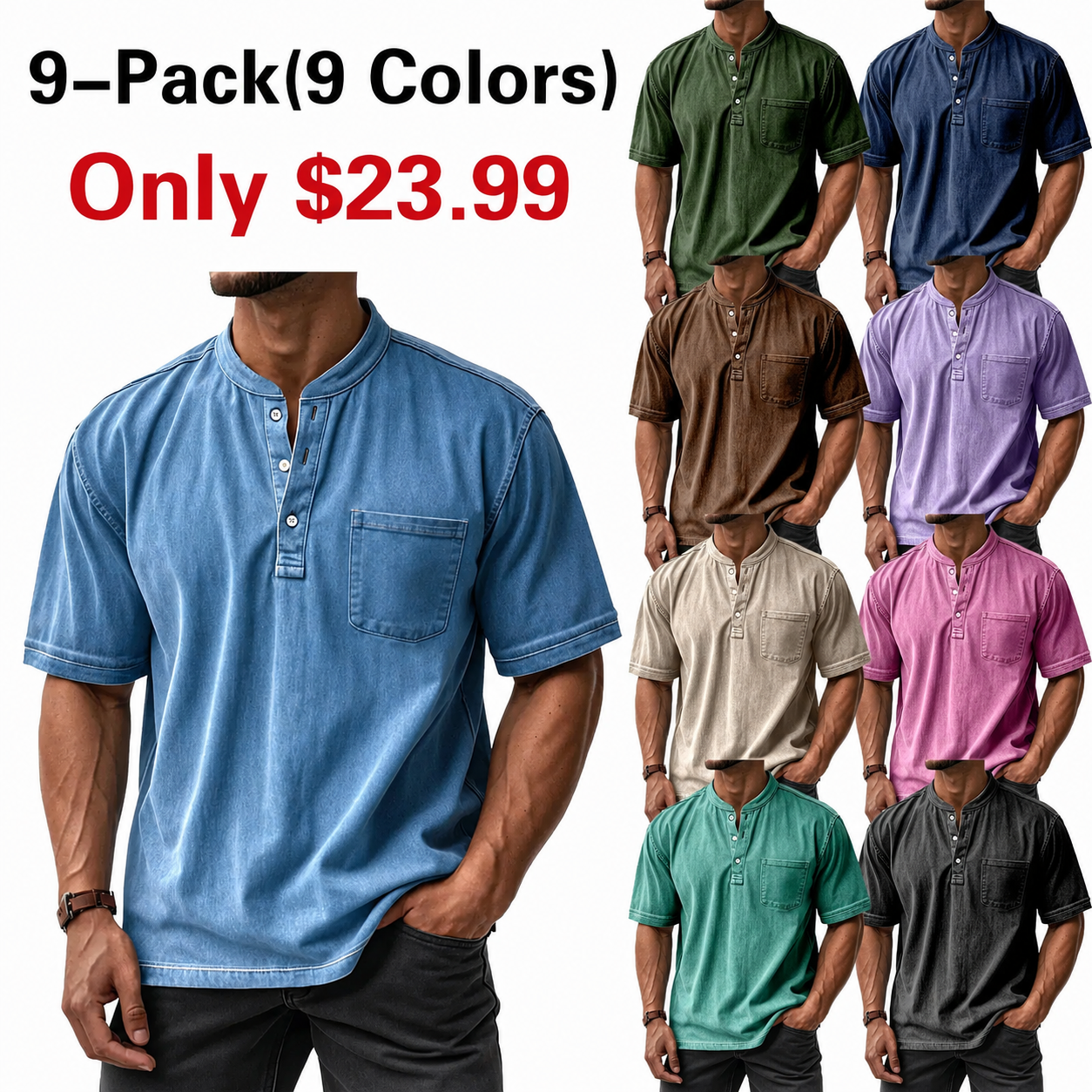 Men's Washed Cotton Short Sleeve Henley T-Shirt