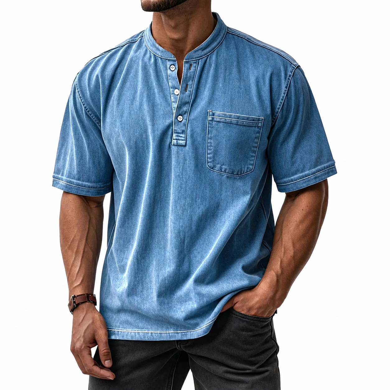 Men's Washed Cotton Short Sleeve Henley T-Shirt