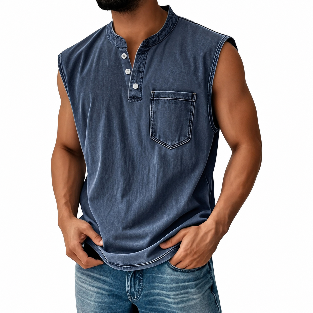 Men's Washed CottonSleeveless Henley Vest