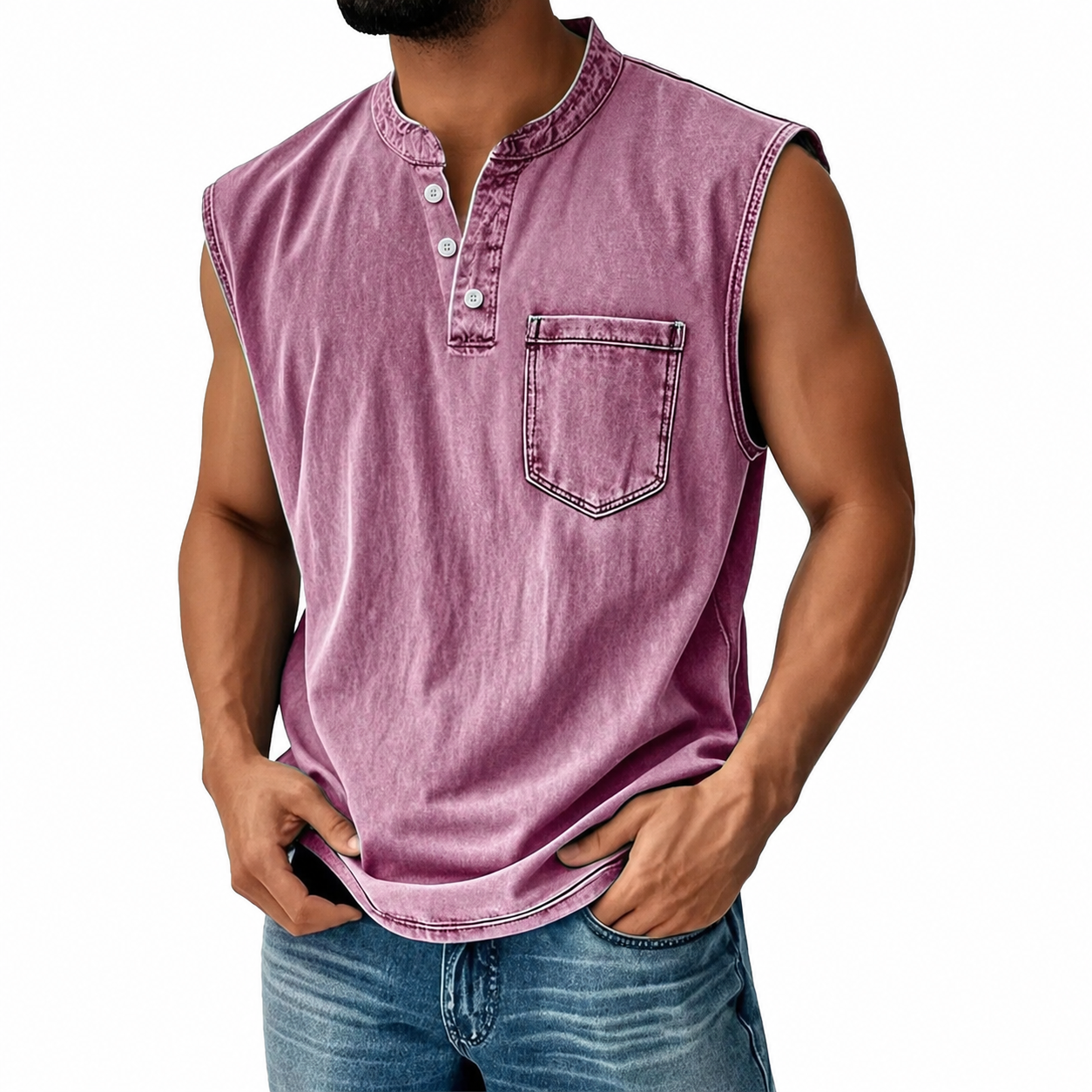 Men's Washed CottonSleeveless Henley Vest