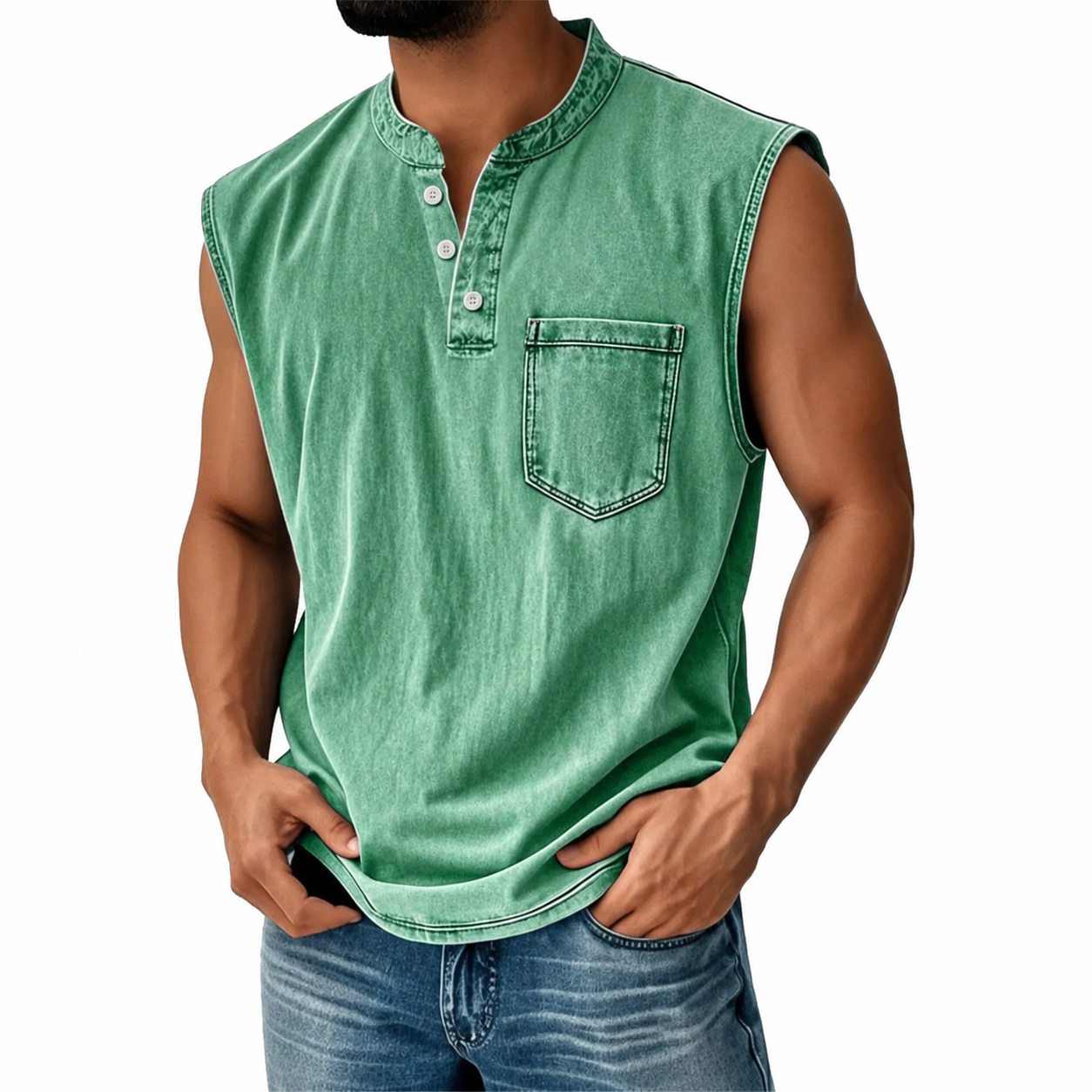 Men's Washed CottonSleeveless Henley Vest