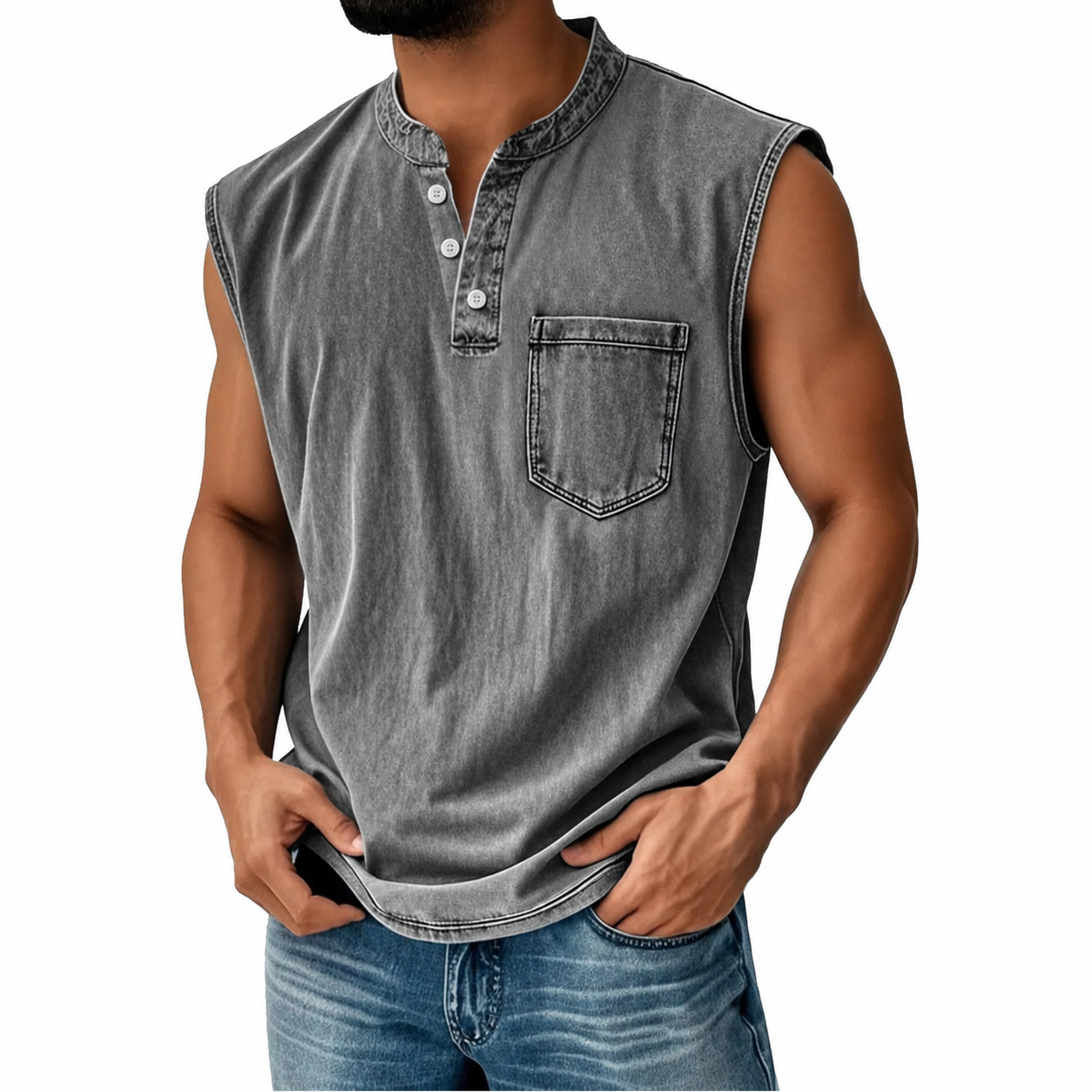 Men's Washed CottonSleeveless Henley Vest