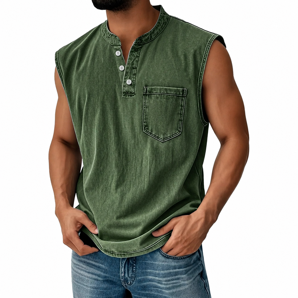 Men's Washed CottonSleeveless Henley Vest