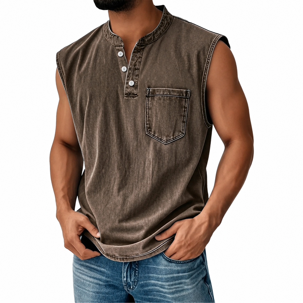Men's Washed CottonSleeveless Henley Vest